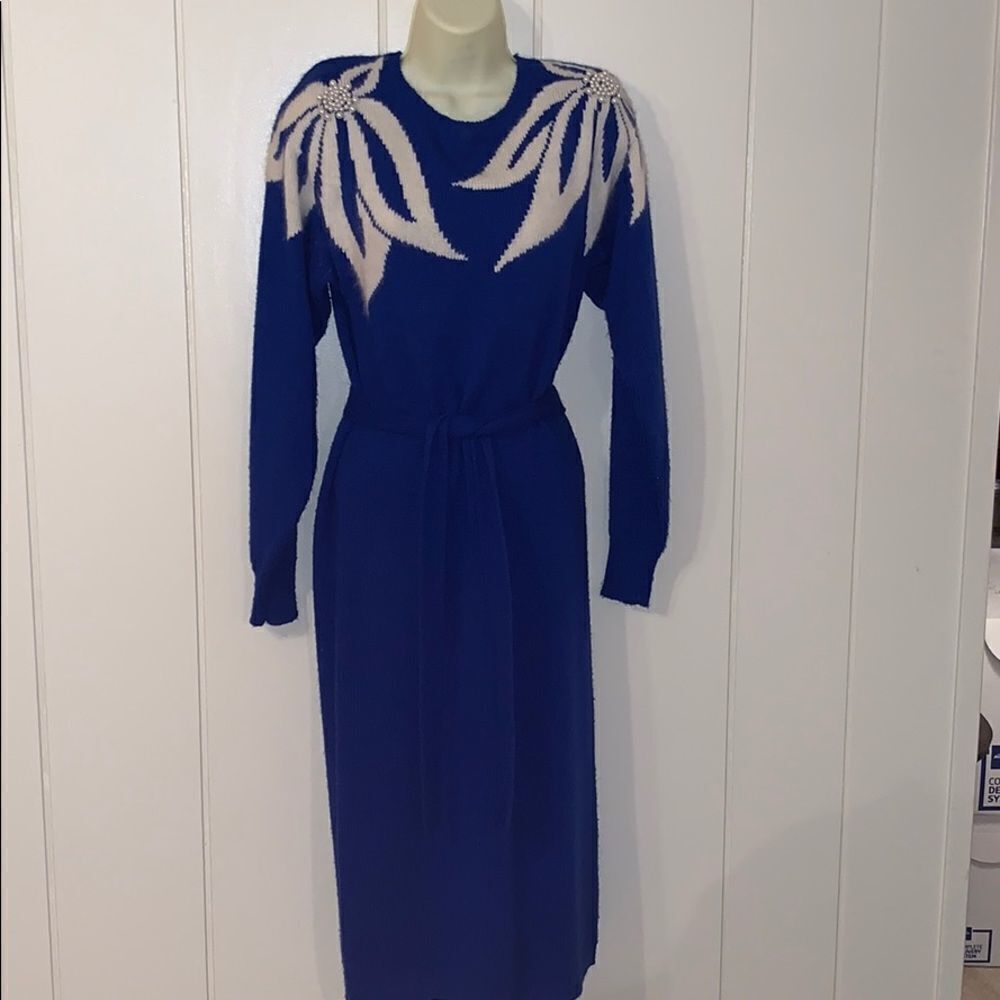Vtg 80s/90s Christina Grant blue sweater dress